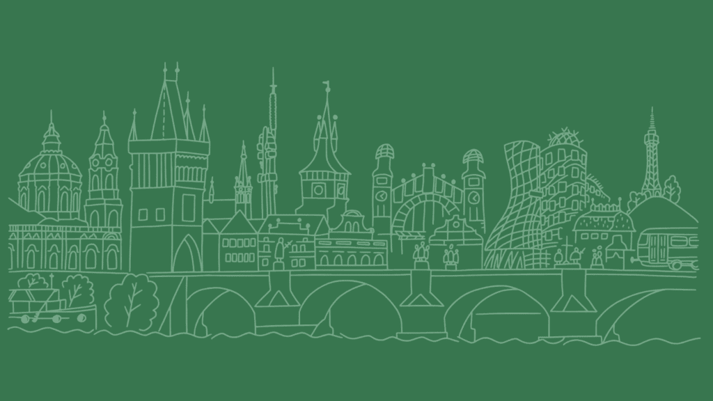 Úvodní grafiku webu V Praze jsme doma se siluetou Prahy.